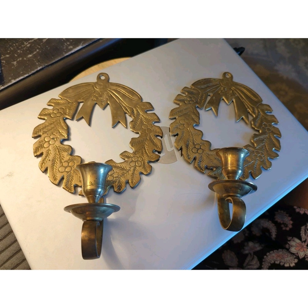 2 Vintage Solid Brass Wreath Candle Sconces Hand Tooled Christmas Hosley